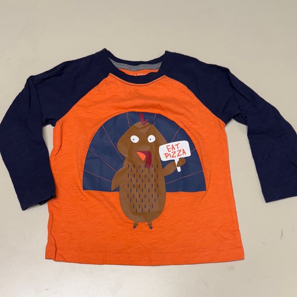 2T Okie Dokie Orange and Navy Long Sleeve Tee with Pizza Graphic